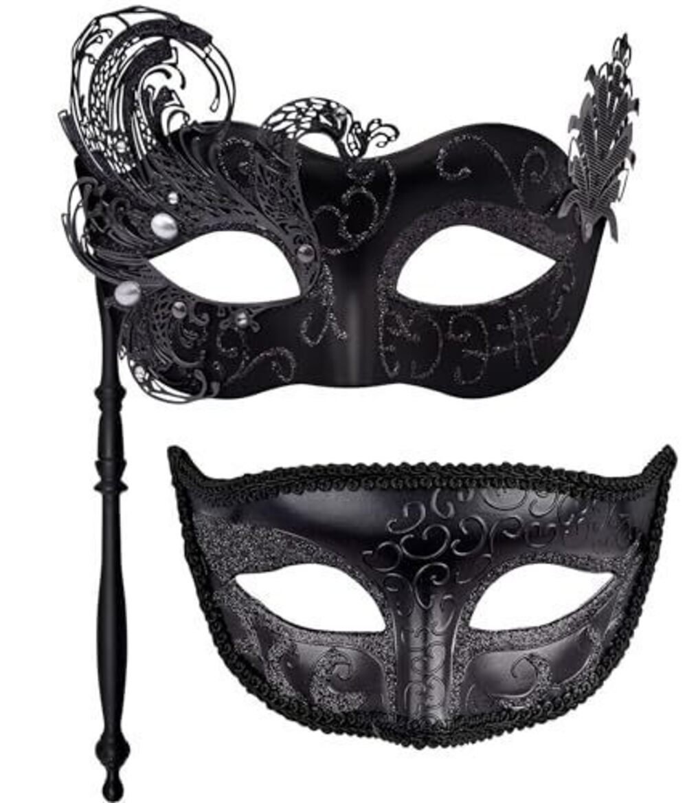 5698 Couple Masquerade Masks with Stick Metal Venetian Mask on a Stick